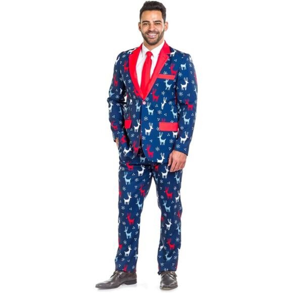 Men's Ugly Christmas Blue Sweater Inspired Holiday Suit Jacket Blazer Xmas Party - Picture 4 of 7